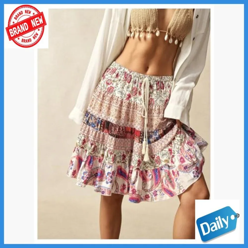 Boho Paisley A-Line Skirt Tie Front Flowy Summer Casual Knee-Length